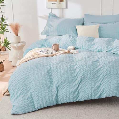 Image of HYMOKEGE Lake Blue Oversized Queen Comforter Set Seersucker 7 Pieces, All Season Luxury Bed in a Bag for Bedroom, Bedding Set with Comforter, Sheets, Pillowcases & Shams