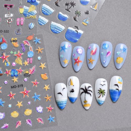 Generic NAIL STICKER 01 Summer Nail Art Stickers Coconut Tree Nail Decor 5D Self-Adhesive Nail Stickers 3Pcs Beach Ocean Starfish Seashell Waves Boat Palm Design Nail Decals thumb #2