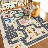 Jngred Kids Car Rug Playmat with Non-Slip Rubber Backing，Car City Life Road Carpet，Child Car Traffic Rugs ，Train Track Play Mat(80×120cm/32×47in)
