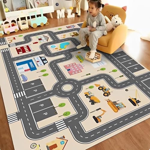 Jngred Kids Car Rug Playmat with Non-Slip Rubber Backing，Car City Life Road Carpet，Child Car Traffic Rugs ，Train Track Play Mat(80×120cm/32×47in)
