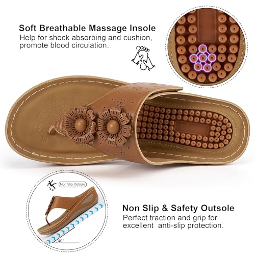 Image of Ecetana Womens Wedge Flip Flops: Orthopedic Cushion Non Slip Sandals - Comfortable Walking for All Day - Stylish Flower Adjustable Thong Sandals for Summer Casual Outing
