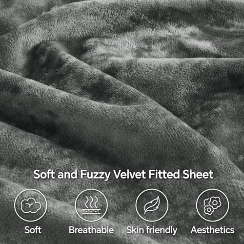 BEDELITE Velvet Fitted Sheet and Pillowcases Set, Luxury Soft Fuzzy Bottom Sheet with Reinforced Elastic Corner Straps, Deep Pocket up to 15 Inch, 1 Fitted Sheet and 2 Pillowcases (King, Grey)