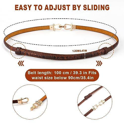 Generic 2pcs Skinny Waist Belt for Women, Adjustable Thin Leather Belt with Gold Buckle - Black, Brown2