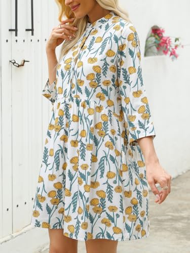 Image of EZAPINE Floral Dress for Women 3 /4 Sleeve Shift Boho Cotton Shirt Dresses | Button Up,Summer,Mini,Above Knee,Casual,for Picnic,Vacation