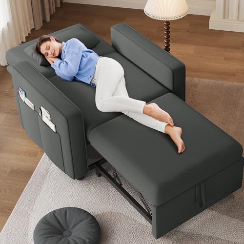 YITAHOME Schlafsessel mit Bettfunktion 192×88, 3-in-1 Ausziehbares Schlafsofa, Verstellbares Einzelsessel mit Kissen und Seitentasche, Sofa mit Schlaffunktion für Wohnzimmer Wohnung, Dunkelgrau
