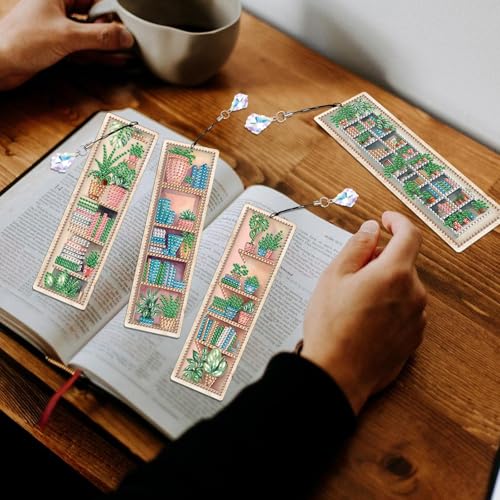 Image of 4 Pieces Diamond Painting Bookmarks for Adults Plant Bookshelf Design 5D Rhinestone Art Bookmark Kits Beautiful DIY Diamond Art Bookmarks with Tassels Crafts Gifts Supplies