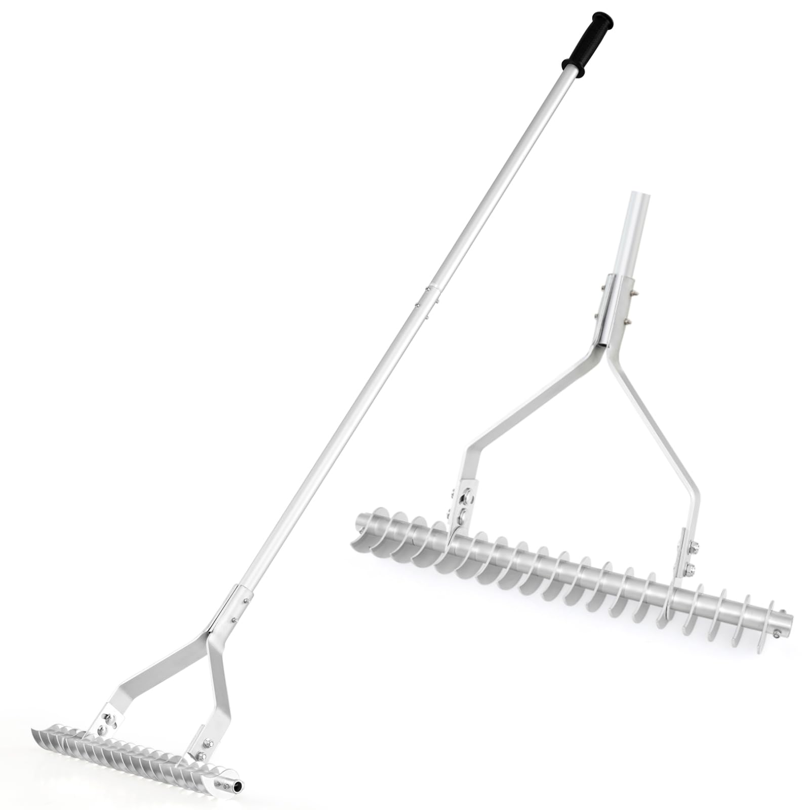 COSTWAY 178 cm Garden Thatch Rake, 20 Inch Wide Aluminum Lawn Loosening Soil Rakes with Long Handle & 19 Curved Tines, Garden Rake Landscaping Tool for Yard for Cleaning Dead Grass, Removing Weeds