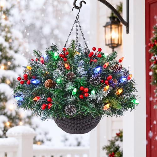 1 Pcs 21 inches Artificial Christmas Hanging Baskets with Dual-Color Lights