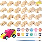 Lenwen 24 Pcs DIY Wooden Race Cars, Unfinished Wooden Car Race Cars Toy with 12 Color Acrylic Paint Easy Woodworking Set, Arts and Crafts Kit Birthday Party Presents for Boys and Girls(Cute)
