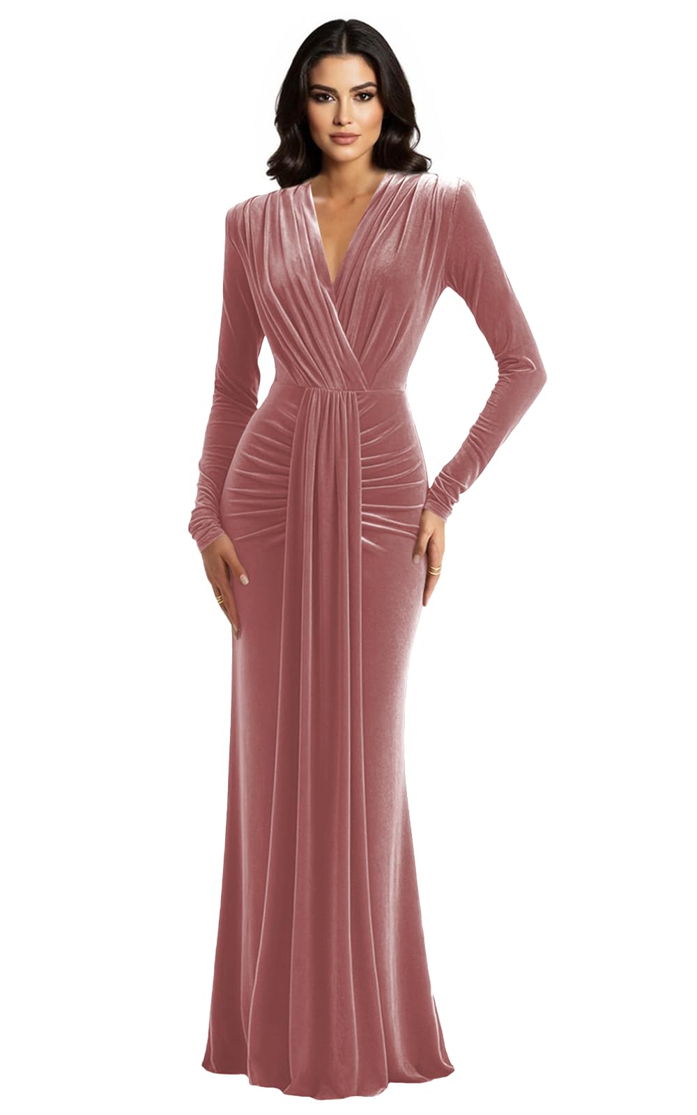 Long Sleeve Velvet Formal Dresses with Tie Long V Neck Mermaid Empire Waist Evening Prom Gowns