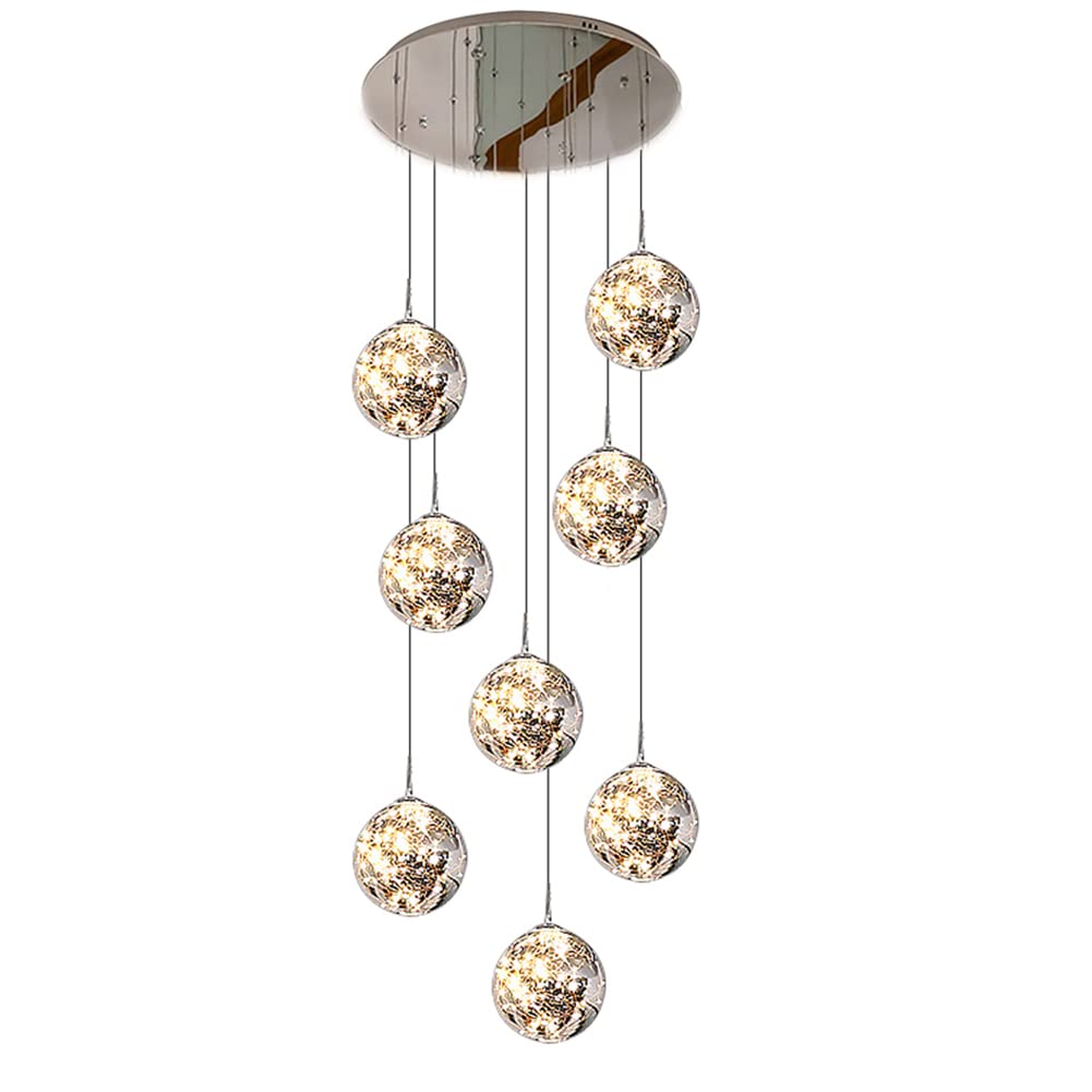 Modern Large Stair Chandelier,8/10/12/15/18-Lights LED Staircase Chandeliers for Villa,Smoky Gray Glass Ball Stainless Steel Base,Modern Pendant Lighting for Stairwell/Stairway(8 lights, Smoke gray)