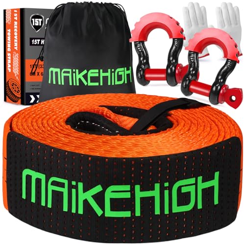 MAIKEHIGH Eslinga 15 Toneladas, 6M x 7.6cm Cuerda para Remolque con 2 Grilletes Reforzados 2 Guantes para Recuperación Vehículo Coche SUV