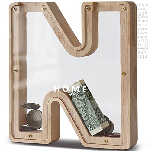 DBPBToU Money Box for Kids Piggy Bank, Personalised Wooden Letter Money Box for Birthday Gift/Home Decoration/Keepsake (N)
