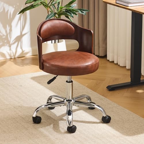 VINGLI Armless Home Office Desk Chair Adjustable Swivel Chair Dual-Use with/no Wheels Small Retro Designed Walnut Curved Task Chair Cushioned Nail Tech Chair for Study Area Workspace PU Brown