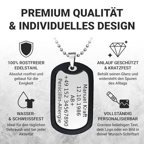 Generisch Dog Tag Personalisiert – Erkennungsmarke Edelstahl – Glanz Kette Mit Namen – Gravur – Personalisierte Kette Herren – Militär Geschenke – 2 Mm Dick – Gravur – Set Mit Clip Und Gummi-Silencer