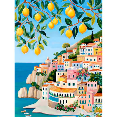 KEYIFA Ville Peinture par Numéros pour Adulte, Citrons Kits de Peinture Canevas Débutants Aquarelle Numéro D'art, DIY Kit Creatif Adulte Paint by Numbers Kits, Décoration de Maison 30x40cm