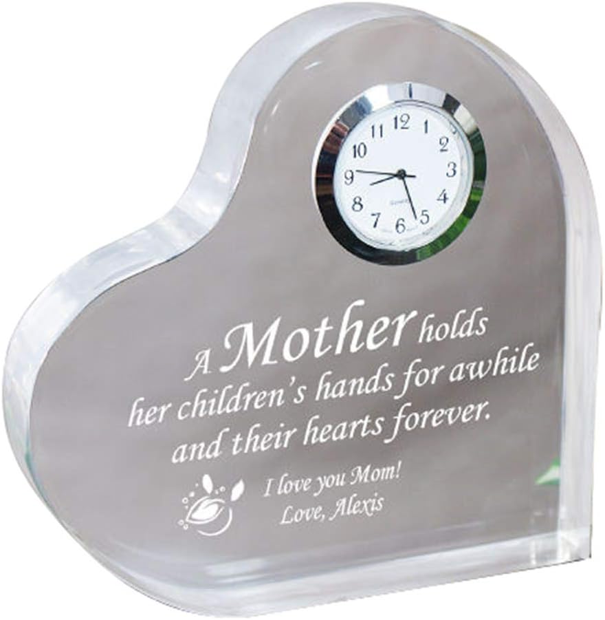 GiftsForYouNow Personalized Mother's Day Keepsake Clock, Heart Shaped Display Clock, Clock with Mom Inspirational Quote, Acrylic Tabletop Clock, 5" x 5", 0.75" Thick