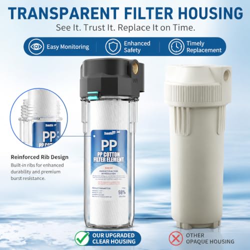 Image of Whole House Water Filter Housing, Fit 10 inchx2.5 inch Sediment etc Filters for Well and City Water, Pre-Filtration System for Home, 1 /2 inch Brass Portand includes a 3 /4 inch adapter, R-Type O-Ring, Bracketless