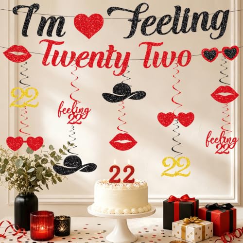Image of 22nd Birthday Party Decorations for Girls Women, I'm Feeling Twenty Two Glitter Banner with Hanging Swirls Decorations, Singer Themed Girls 22 Years Old Birthday Decor Supplies