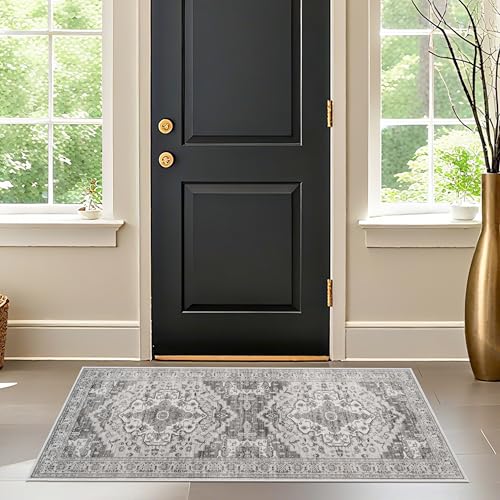 Living Room 2x5 Runner Rug - Boho Rugs for Living Room Stain Resistant Carpet Vintage Tribal Rugs for Bedroom Kitchen Bathroom with Non Slip Backing Home Decor Floor Decoration Mat 2x5 Grey/White