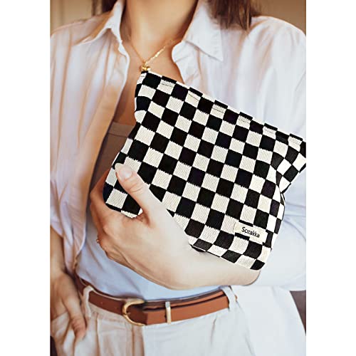 KEYRI Make up Bag Toiletry Bag Portable Travel Makeup Pouch Mini Cosmetic Bag Plaid Corduroy Zipper Pouch Cosmetic Organizer for Women and Girls Small Make up Bag (Black) - Image 4
