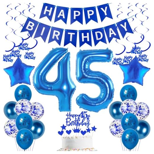 2 globos con el número 45, número 45, tamaño XXL, color azul, guirnalda de cumpleaños + banderines de color azul, juego de decoración para 45 años