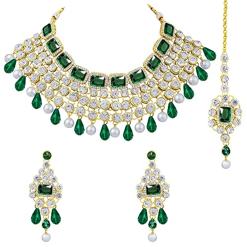 Image of Peora Crystal Choker Necklace with Maang Tikka Earrings Indian Traditional Bridal Wedding Jewellery Set for Women