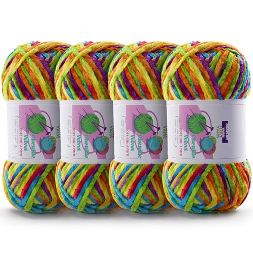 Image of 4 Skeins Soft Chunky Chenille Yarn, Plush Velvet Yarn for Hand Knitting and Crocheting, Fluffy Yarn for Crochet Blankets, Scarves, Hats(4x3.5oz, 4x131.2yds) (Rainbow Color)