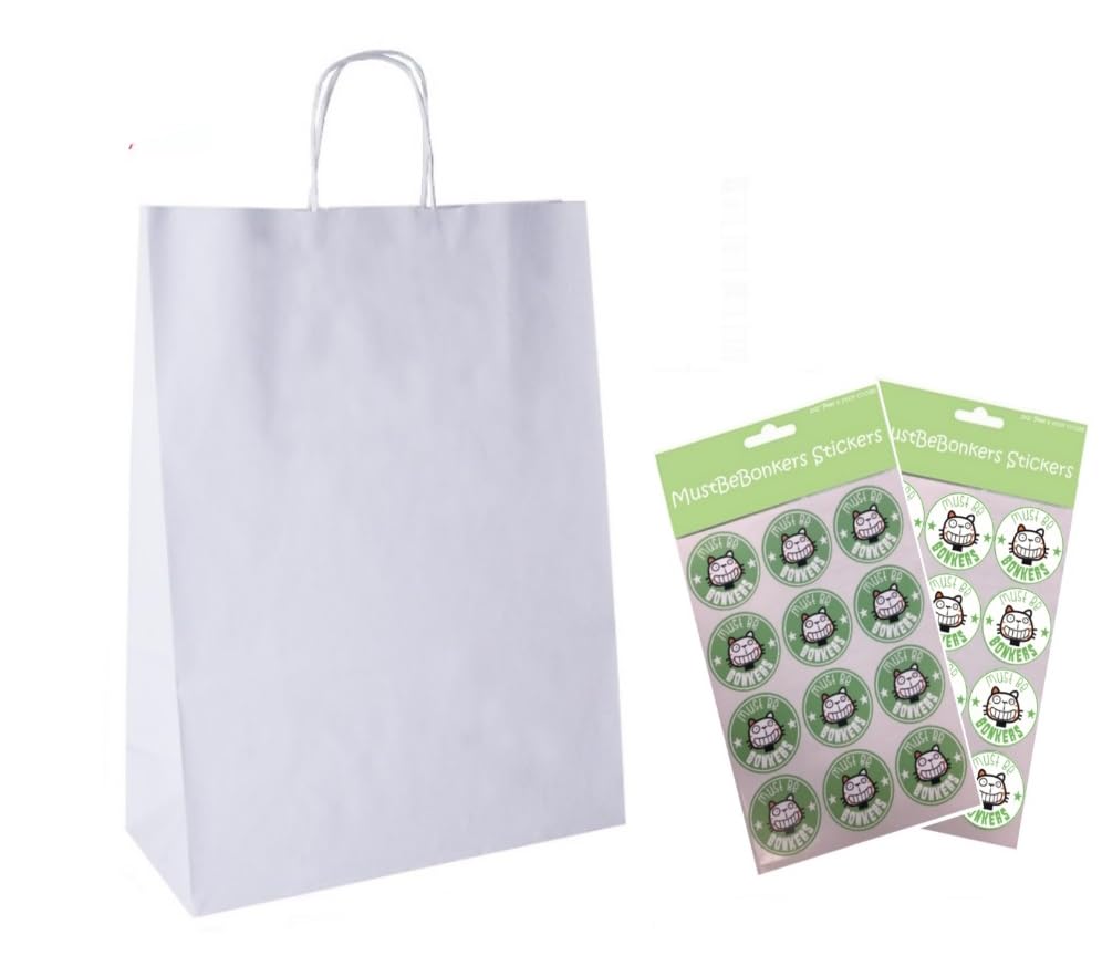 White A4 Paper Party Gift Bags With Seal Stickers - Boutique Shop Loot Carrier Bag - Pick Amount (12 Bags)