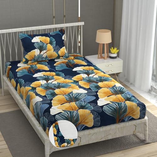 Image of Vram Premium Heavy Cotton Elastic Fitted Bedsheets with 1 King Size Pillow Covers || Single Bed with All Around Elastic 350 TC || 36 x 78 x 6 Inch Single Size Fitted || :- Green Mushroom
