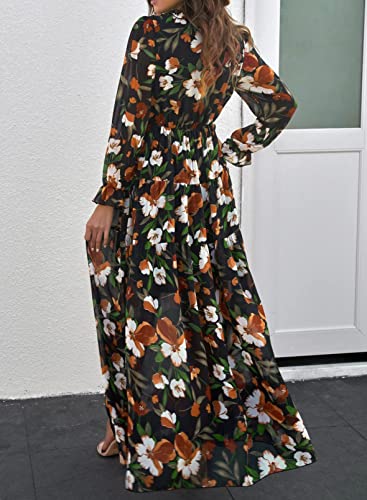 Sweezarmo Womens Casual V Neck Dresses Floral Long Sleeve Flowy Long Evening Dress Cocktail Party Wedding Dresses Black Maxi Dress For Women #TOP2