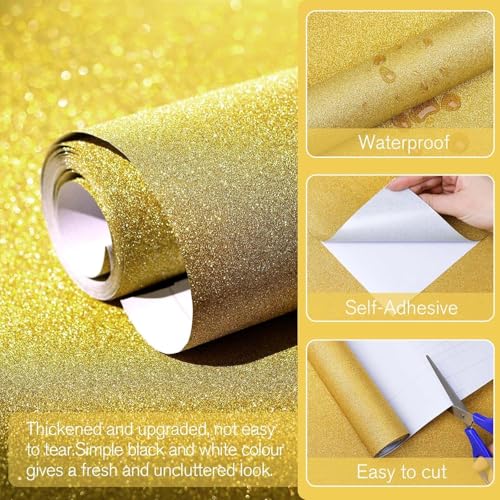 Image of Golden Glitter Wallpaper Stick and Peel Contact Paper Decorative Self Adhesive Vinyl Sheets for Cricut Sticker Paper Window Christmas Decor Letters Mugs Craft Project 2 x 4 Feet
