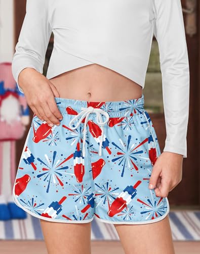 Image of BesserBay Girls 4th of July Elastic Waist Beach Swim Shorts American Flag Trunks with Pockets 5-14 Years