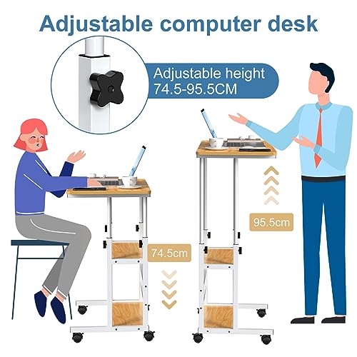Image of PIPIPOXER 80 cm x 40 cm Computer Desk with Wheels, Laptop Table, Height Adjustable 74.5-95.5 cm, Small PC Table, Computer Desk, Standing Table, Mobile with 4 Wheels and 2 Shelves, Dark Wood