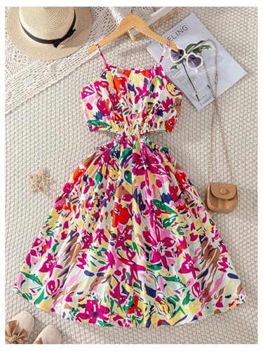 SHENHE Girl's Floral Print Cut Out Cami Dress Sleeveless Ruffle Hem A Line Short Dresses2