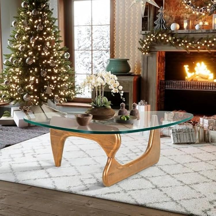 Noguchi Style Triangle Glass Coffee Table - Solid Walnut Hardwood Base - Mid-Century Modern - View #4