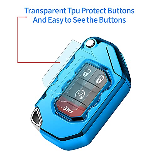 Image of Compatible with Jeep Key Fob Cover With Leather Keychain Soft TPU Protection Key Case for 2018-2026 Wrangler JL JLU Rubicon Wagoneer Gladiator JT Sahara JLU Remote Key (Aurora Blue)