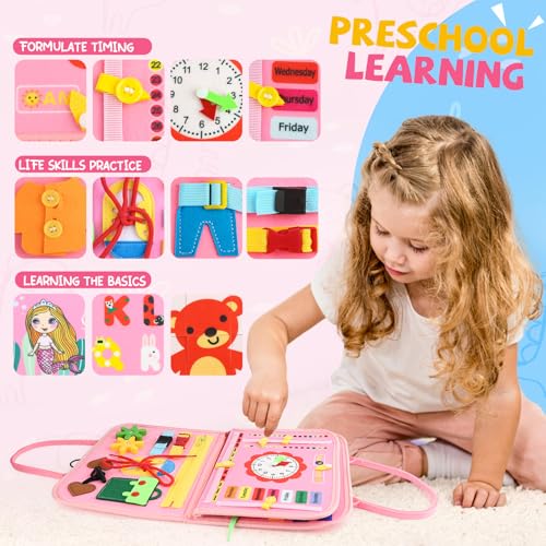 Image of Toddler Busy Board, Montessori Sensory Toys for Boys, 1-4 Year Old Girl Toddler Travel Toys, Educational Learning Activities Board for Motor Skills, Birthday Gifts for Airplane Car, Pink