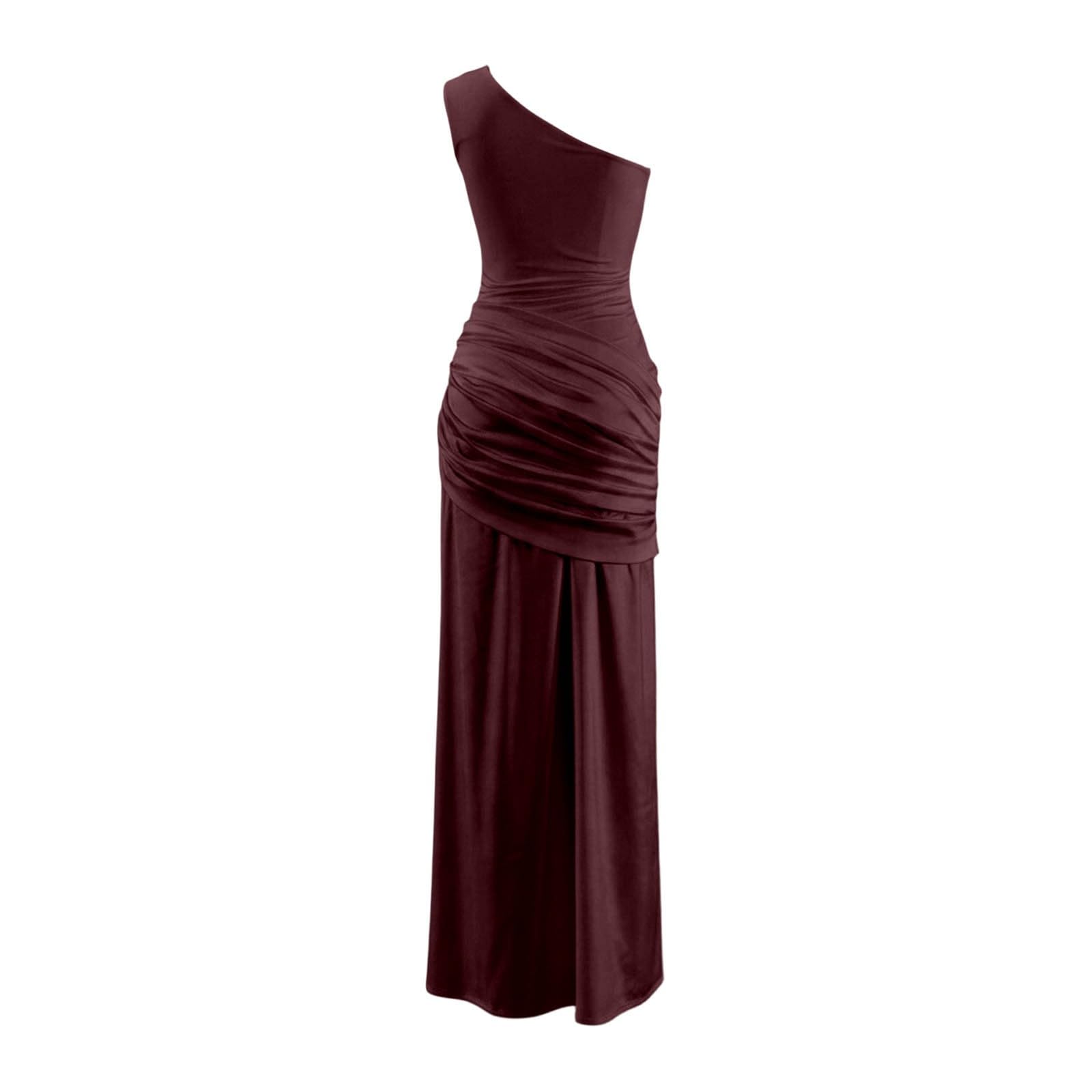 Vestido Midi Ajustado de satén con Fruncido asimétrico en los Hombros para Mujer, para Fiestas y Salidas nocturnas.