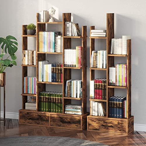 Rolanstar Bookshelf With 2 Wooden Drawers, Rustic Wood Bookshelves, Book Shelf Free Standing Storage Shelf For Bedroom, Living Room, Home Office, Rustic Brown #TOP4