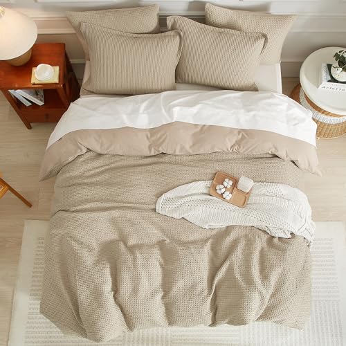 SE SOFTEXLY Waffle Duvet Cover King, 100% Cotton Waffle Weave Bedding Duvet Cover Set, Soft and Breathable Comforter Cover for All Season, 3 Pieces Including Pillow Shams(Khaki, 104”x90”)