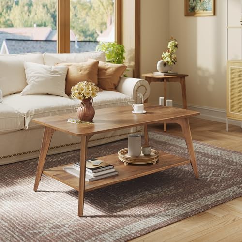 VASAGLE Collection MAEZO - Table Basse, Table de Salon à 2 Niveaux, avec Rangement, Patins, 55 x 100 x 45 cm, Montage Facile, pour Salon, Marron Miel LCT249K01