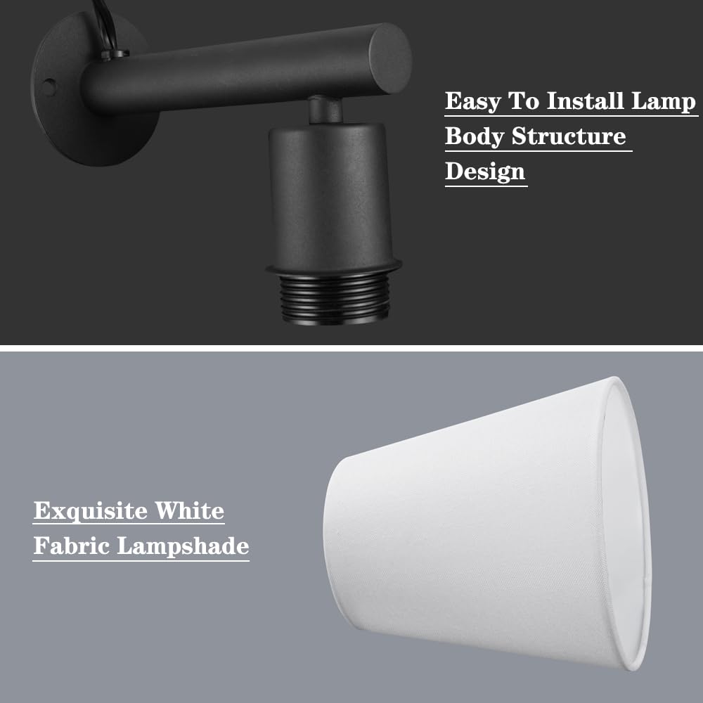 Juego de dos apliques de pared negros enchufables, lámpara de pared con interruptor de encendido/apagado con cable de enchufe, lámpara de pared negra enchufable, luz de pared de cabecera con tela de 6
