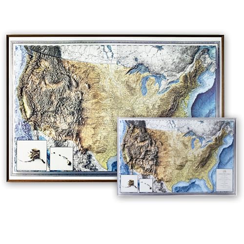 3D Raised Relief USA Topographic Map Wall Art, Vintage Style United States Map Decor for Home Office or Study, Unframed Wall Art Print with Raised Terrain Design, Holiday Decor Gift Option, 18.5 x 11.8 Inches