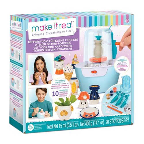 Make It Real Mini Pottery Studio - 26-Piece DIY Pottery Kit with Mess-Free Air Dry Clay - Create 10 Miniature Projects, Beginner to Master Levels - Innovative Centering Tool - Great for Kids Ages 8