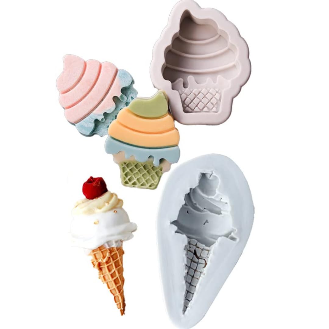 Skytail 2pcs Silicone Ice Cream Shape Moulds for Making Scented Candle Dessert Wax Melts Resin Crafts Icecream Cone Molds Cake Pop Topper Chocolate Candy Strawberry Icecream Cake Pastry Candle Molds-image-16