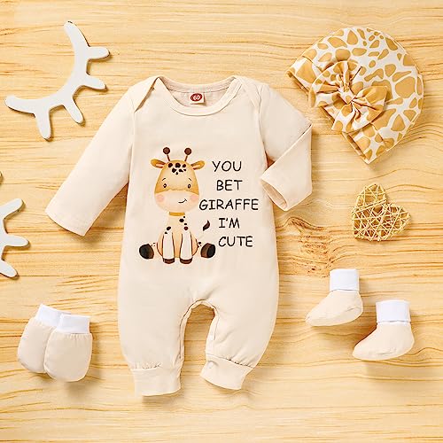 Sinhoon Newborn Baby Girl Romper Infant Letter Print Bodysuit Jumpsuit+Hat+Gloves+Socks 4Pcs Coming Home Clothes Outfit3