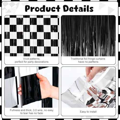 Image of Tiamon 2 Pack Race Car Party Decorations 3.3 x 6.6 Ft Foil Fringe Curtains Backdrop Black and White Checkered Tinsel Streamers Photo Booth for One Happy Dude Birthday Party Supplies