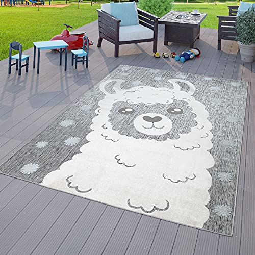 TT Home Kinderzimmer Outdoor Teppich Kinder Junge Mädchen Spielteppich Lama Design Grau,...