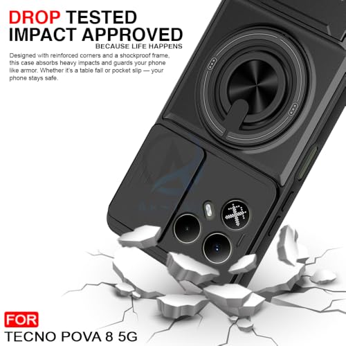 Image of AESTMO Tecno Pova 8 5G Back Cover | Armor Camera Slider 360 Degree Rotating Finger Ring Holder Case with Bracket Stand Back Case Cover (Compatible with MagSafe Accessories) (Black)